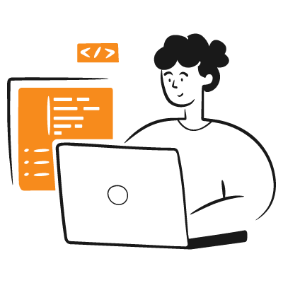 Illustration of person coding on laptop.