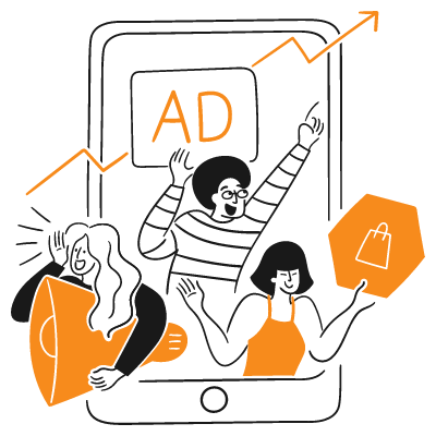Illustration of people with mobile ad and growth chart.