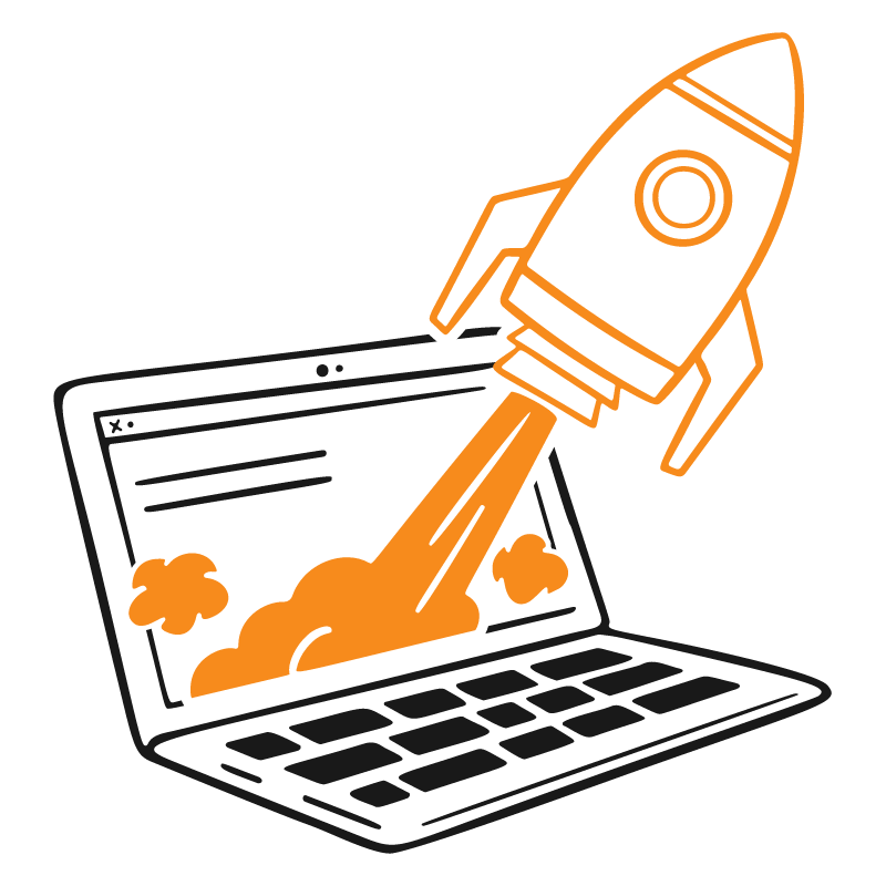 Laptop with rocket launch illustration, digital growth concept.