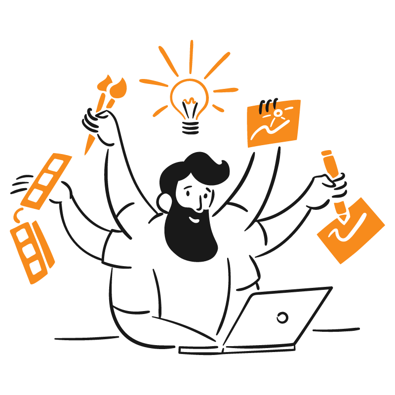 Illustration of multitasking person with laptop and ideas.