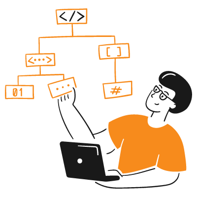Person coding on laptop with flowchart above.