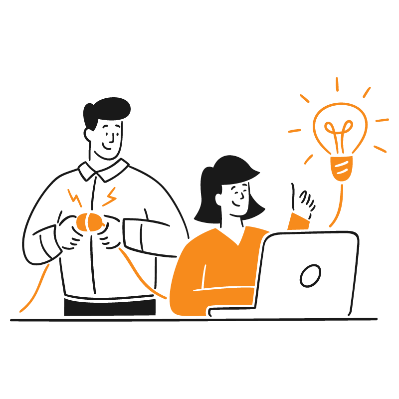 Team brainstorming, lightbulb idea, collaborative workspace.
